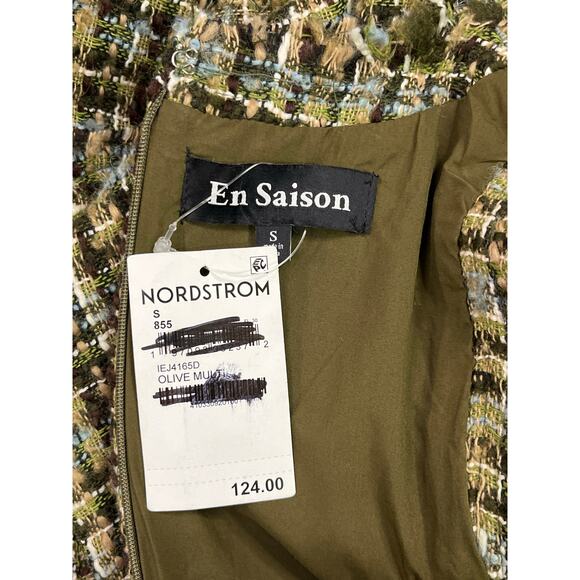 En Saison Tweed Sleeveless Dress Size S Raw Edge Flounce Hem Olive NWT - Picture 3 of 9